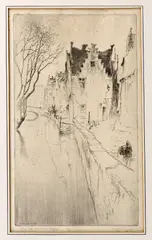 Onduidelijk gesigneerd, Brugge, Onduidelijk gesigneerd (Hughly Gurnes?), ets op papier 4/50, grachtgezicht Brugge 30x17cm
