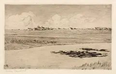 kustplaats by Onduidelijk gesigneerd, Onduidelijk gesigneerd (Andre ......), ets op papier, plasgezicht met kustplaats 16x25cm, sold Jul 2012