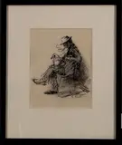 S. Kok, houtskool tekening, Kok, houtskool op papier, zittende sigaret rokende man met hoed 12x15cm