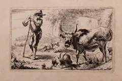Ongesigneerde ets, 18e-19e eeuw, Ongesigneerd 18e-19e eeuw, ets op papier, herder met vee 14x9cm