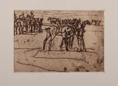 Ongesigneerde ets, cavaleristen, 1900, ets op papier, cavaleristen met paarden (vochtvlekken buiten de moetrand) 15x10cm