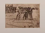 Ongesigneerde ets, cavaleristen, 1900, ets op papier, cavaleristen met paarden (vochtvlekken buiten de moetrand) 15x10cm