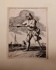 Ongesigneerde ets, 17e-18e eeuw, ONgesigneerd 17e-18e eeuw, ets op papier, man met houten poot aan de kade 12,8x16,5cm