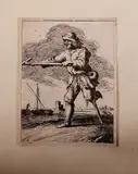Ongesigneerde ets, 17e-18e eeuw, ONgesigneerd 17e-18e eeuw, ets op papier, man met houten poot aan de kade 12,8x16,5cm