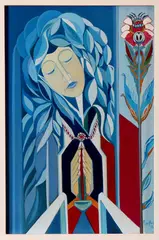 F. ter Horst, Madonna, F. ter Horst 1975, olieverf op linnen, Madonna in Art Nouveau stijl 40x60cm