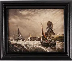 Monogram R.R.C. ca, zeegezicht, 1900, olieverf op paneel, Oud Hollands zeegezicht 35x25cm