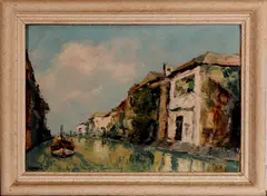 1 Schilderij, landschap, Sutjakno Kompoel, Indonesë 50-er jaren, olieverf op linnen, Indonesisch dorpsgezicht met rivier 60x40cm