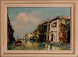 1 Schilderij, landschap, Sutjakno Kompoel, Indonesë 50-er jaren, olieverf op linnen, Indonesisch dorpsgezicht met rivier 60x40cm