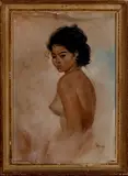 Indonesisch schilderij, naakt, Harry, olieverf op linnen, Indonesisch naakt 50-er jaren 70x50cm