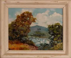 Indonesisch schilderij, rijstvelden, Sutjakno Kompoel, Indonesë 50-er jaren, olieverf op linnen, Indonesisch landschap met rijstvelden 45x35cm