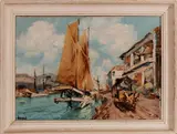 Indonesisch schilderij, havenplaats, Sutjakno Kompoel, Indonesë 50-er jaren, olieverf op linnen, Indonesische havenplaats met schepen en ossenspan 60x40cm