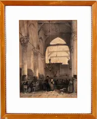 Johannes Bosboom, tekening, Johannes Bosboom (Den Haag 1817 - 1891), gemengde techniek op papier, kerkinterieur met figuren 31x41cm
