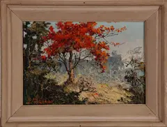 Indonesisch schilderij, vuurboom, Onduidelijk gesigneerd Indonesë 50-er jaren, olieverf op linnen, Indonesisch landschap met vuurboom 20x30cm