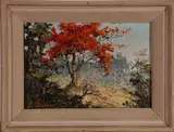 Indonesisch schilderij, vuurboom, Onduidelijk gesigneerd Indonesë 50-er jaren, olieverf op linnen, Indonesisch landschap met vuurboom 20x30cm