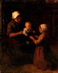 David Constant Artz, interieur, David Adolph Constant Artz (1837 - 1890) (UV lamp getest), olieverf op linnen, interieur met moeder en kinderen 32x42cm