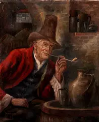 Middeleeuws interieur, man met pijp en kruik, Josef Schnickart (Duitse school 1e helft 20e eeuw), olieverf op linnen, pijprokende man mer kruik en glas 41x34,5cm