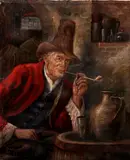 Middeleeuws interieur, man met pijp en kruik, Josef Schnickart (Duitse school 1e helft 20e eeuw), olieverf op linnen, pijprokende man mer kruik en glas 41x34,5cm