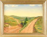 F.H. Lang, landschap met zandweg, 1930, Duitse school, olieverf op linnen, bergachtig landschap met zandweg 50x65cm