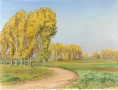 F.H. Lang, landschap met bomen en pad, 1930 Duitse school, olieverf op linnen, impressionistisch landschap met bomen en pad 66x50cm