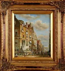 H. Hart, stadsgezicht, Ongesigneerd 21e eeuw, olieverf op paneel, romantisch stadsgezicht met figuren 18x24cm