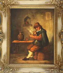 Middeleeuws interieur, man met pijp, Ongesigneerd 19e eeuw (naar 17e eeuws voorbeeld), olieverf op paneel, pijprokende man met kan en glas 30x24cm