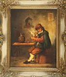 Middeleeuws interieur, man met pijp, Ongesigneerd 19e eeuw (naar 17e eeuws voorbeeld), olieverf op paneel, pijprokende man met kan en glas 30x24cm