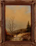 W. Peters, wintergezicht, Peters 19e eeuw, verso Wilhelm Otto Peters, olieverf op linnen, man met sprokkelhout in winters landschap 33x24cm