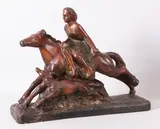 meisje te paard by gesigneerd F Beeld van een meisje te paard met een hond, 2013. gemaakt van een soort gips met een kunststof laag 39x52x13cm, sold Jan 2012