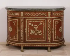 Gebogen commode, marmer en brons, Commode is 3-deurs, 1 lade en zwaar groen marmeren blad