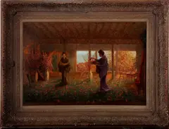 Japans interieur, J.C.P. Houthuesen, Houthuesen, olieverf op linnen, Japans interieur met geisha's 85x57cm