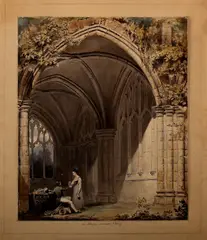 Valentijn Bing, aquarel, Valentijn Bing (1812 - 1895 Holland), aquarel op papier, "de abdij van Helvoost" met figuren 24x29cm