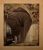 Valentijn Bing, aquarel, Valentijn Bing (1812 - 1895 Holland), aquarel op papier, "de abdij van Helvoost" met figuren 24x29cm