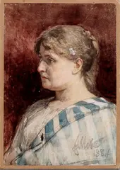 August Allebé, aquarel, Auguste Allebe 1884 (Amsterdam 1838 - 1927), aquarel op papier, portret van een dame 25x17cm
