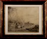 Tekening Herderin, J.C. Mees, Gesigneerd J.C. mees 19e eeuw, gemengde techniek op papier (vouw), herderin met vee 24x19cm