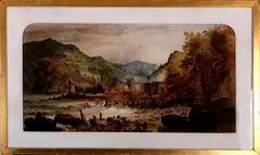 Groot ongesigneerd aquarel, 19e eeuw, Ongesigneerd, aquarel op papier, 19e eeuw, Kustplaats met schepen, huizen en figuren