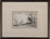 Allaert van Everdingen, gravure, Adrianus van Everdingen (Utrecht 1832 - 1912), gravure op papier, werkende figuren aan de kade 10,5x15cm