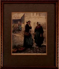 ets by Manuel Robbe, Manuel Robbe (1872 - 1937 Frankrijk), handgesigneerde ingekleurde ets, Franse vrouwen op de markt 30x25cm, sold Oct 2011