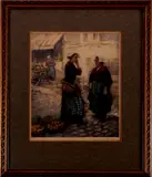 Manuel Robbe, ets, Manuel Robbe (1872 - 1937 Frankrijk), handgesigneerde ingekleurde ets, Franse vrouwen op de markt 30x25cm