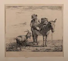 P. van os, gravure, Pieter Gerardus van Os (Den Haag 1776 - 1839), gravure op papier, landschap met man, ezel en geit 19x22cm