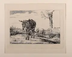P.J. van Os, gravure, Pieter Gerardus van Os (Den Haag 1776 - 1839), gravure op papier, landschap met ezel en bokken 23x16cm
