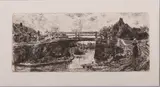 Jacob Maris, gravure, Jacob Maris (1837 - 1899 Holland), gravure op papier, Hollands landschap met brug en figuren 20x8,5cm