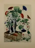 Frans Everbag, ets, Frans Everbag (1877 - 1947 Holland), ets met aquatint, bloemstilleven met Chinese vaas en boek 24x17cm
