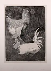 Theo Hoytema, ets, Theo Hoytema (1863 -1917 Holland), ets op papier, slapende haan met kippen 35x27cm