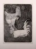 Theo Hoytema, ets, Theo Hoytema (1863 -1917 Holland), ets op papier, slapende haan met kippen 35x27cm
