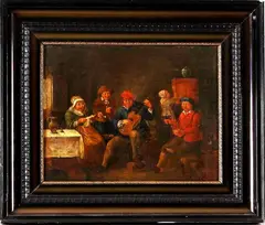 17e-18e eeuw, Omg. Egbert van Heemskerck, Schilderij 17e-18e eeuw, Omgeving Egbert van Heemskerck, olieverf op linnen, drinkgelach in een taverne