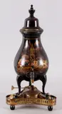 beschilderd by Oude beschilderde kraantjeskan met brander 20e eeuw, Voorstelling van een huis, koets en figuren 39x24xø13cm, sold Oct 2011