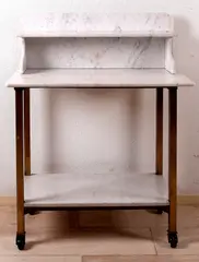 Messing wastafel, wieltjes, Art Deco messing wastafel op wieltjes met twee marmeren bladen, waarschijnlijk ooit met hotel-functie 77x75x46cm