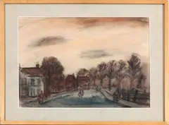 J. Altink, dorpsgezicht, Jan Altink (1885 Groningen - Lid van de Groninger ploeg), gemengde techniek op papier, dorpsgezicht 65x49cm