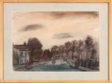 J. Altink, dorpsgezicht, Jan Altink (1885 Groningen - Lid van de Groninger ploeg), gemengde techniek op papier, dorpsgezicht 65x49cm