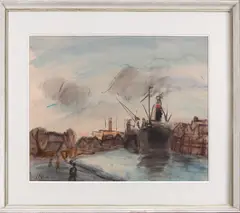 J. Altink, in het dok, Jan Altink (1885 Groningen - Groninger ploeg schilder), gemengde techniek op papier, in het dok 50x64cm